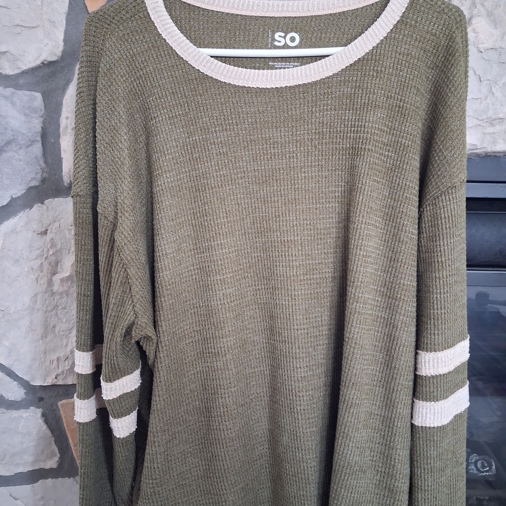 SO Olive Green Sweater with Cream Trim